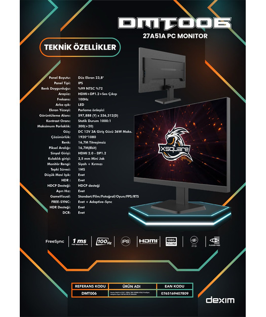 Dexim DMT006 23,8" 144Hz 1ms FHD HDMI VGA HDR Low Blue Light FreeSync Fast IPS Gaming Monitör