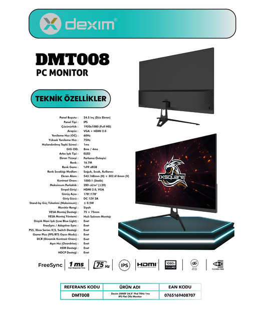 Dexim DMT008 24,5" 100Hz 0.5ms FHD HDMI VGA HDR Low Blue Light FreeSync Fast IPS Monitör